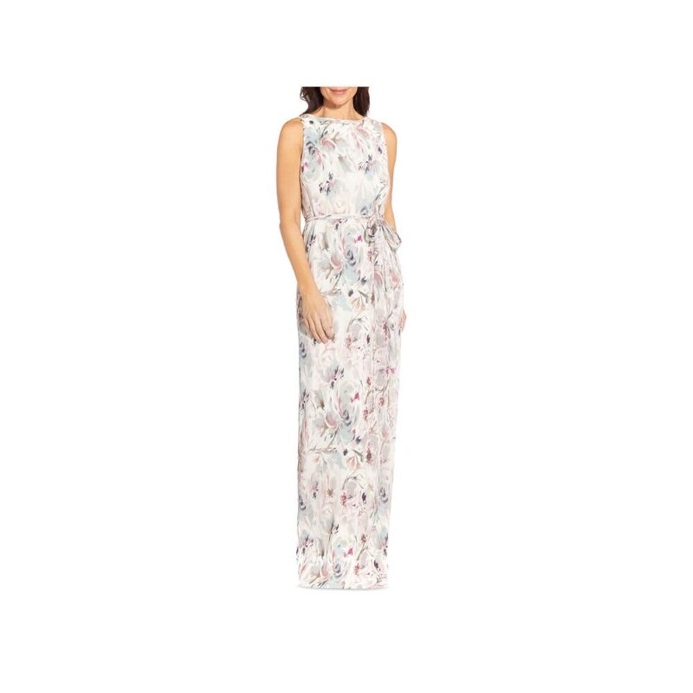 AIDAN MATTOX Womens Tie Waist Column Lined Sleeveless Full-Length Gown Dress